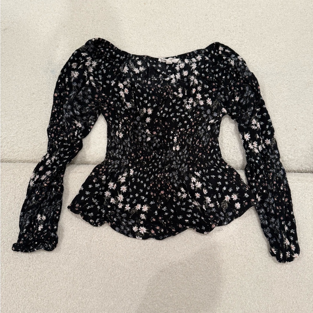 LAST CHANCE (closet clear out) Pink Rose Black Smocked Peplum Blouse Long Sleeve
